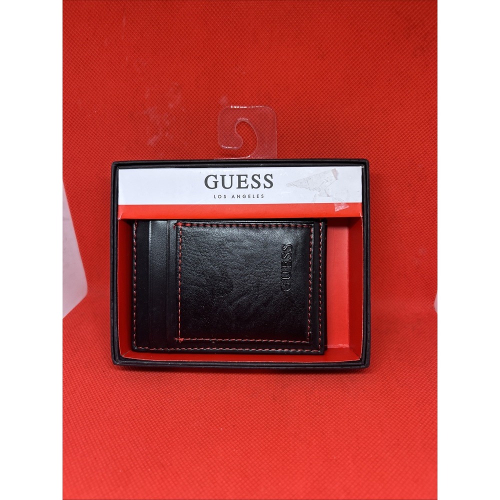 Guess Men's Front Pocket Wallet Magnetic Money Clip RFID Block Black/Red